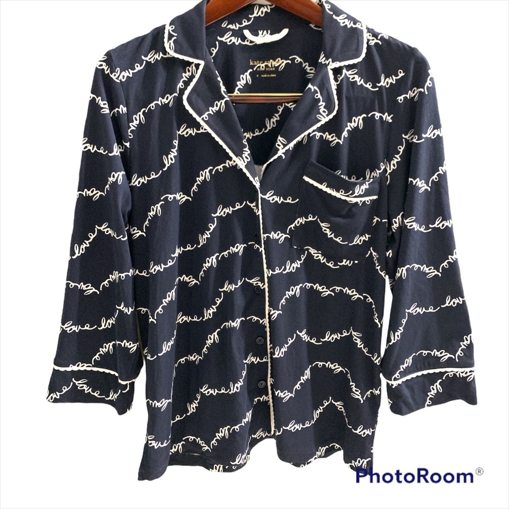 Kate Spade Pajama Top Love lettering design Size small Navy Blue